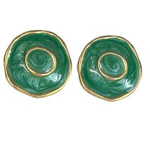 Vintage gold and green enamel organic shaped earrings
